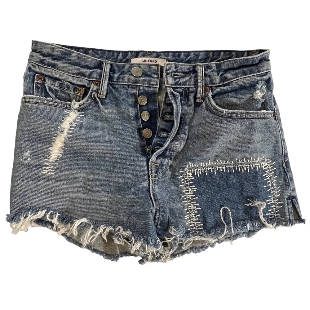 GRLFRND Cindy Fray Side Slit Button Fly Jean Shorts Patchwork High Rise Thrashed
